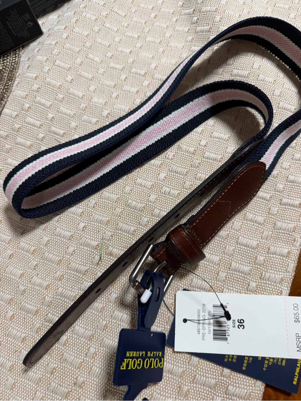 Polo by Ralph Lauren Navy and Pink Striped Webbing Belt with Brown Leather Trim